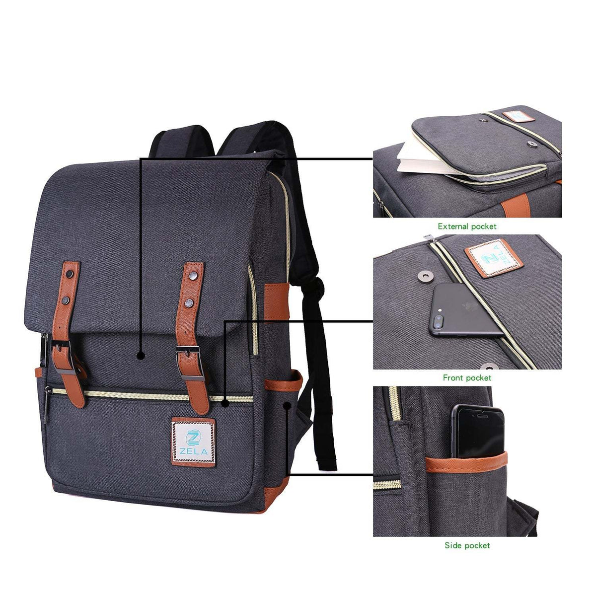 Vintage Laptop Backpack in charcoal gray woven fabric, with a slim flap design, tan leather-like straps, and exterior pockets.