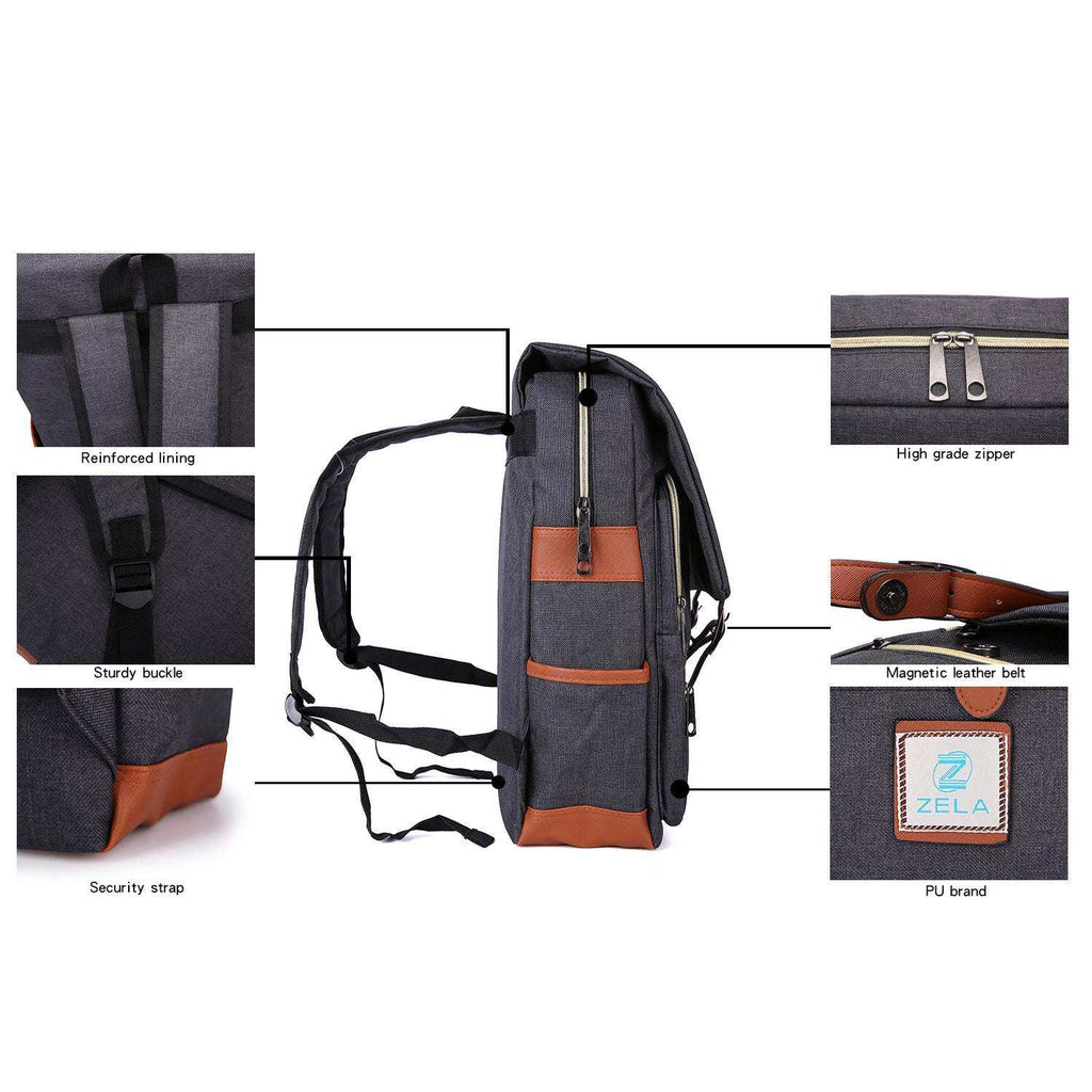 Vintage Laptop Backpack in dark gray fabric with rust-brown trim, slim side profile, zip pocket, adjustable straps and branded patch.