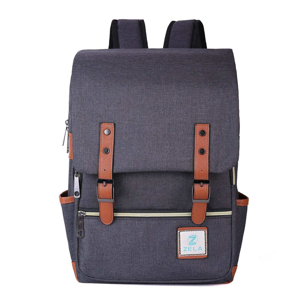 Vintage Laptop Backpack in charcoal gray woven fabric, with a flap, tan leather-like buckle straps, front zip pocket and side pockets.