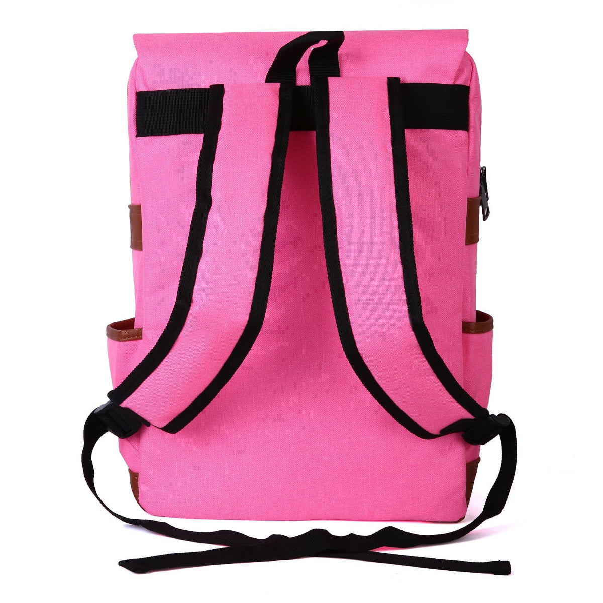 Zela Slim Backpack in vivid pink woven fabric, with black adjustable shoulder straps, buckle details, and side pockets.