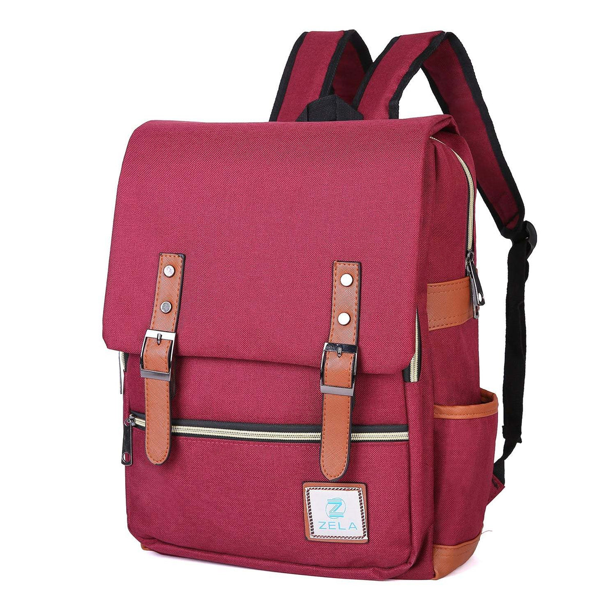 Vintage Laptop Backpack with burgundy canvas fabric, brown faux-leather trim, solid colour, flap closure and front zip pocket.