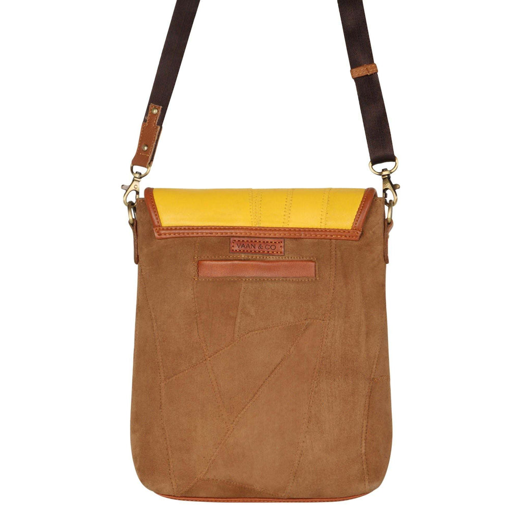 Vaan & Co Cavalier Crossbody bag with herringbone pattern made from upcycled leather and recycled canvas