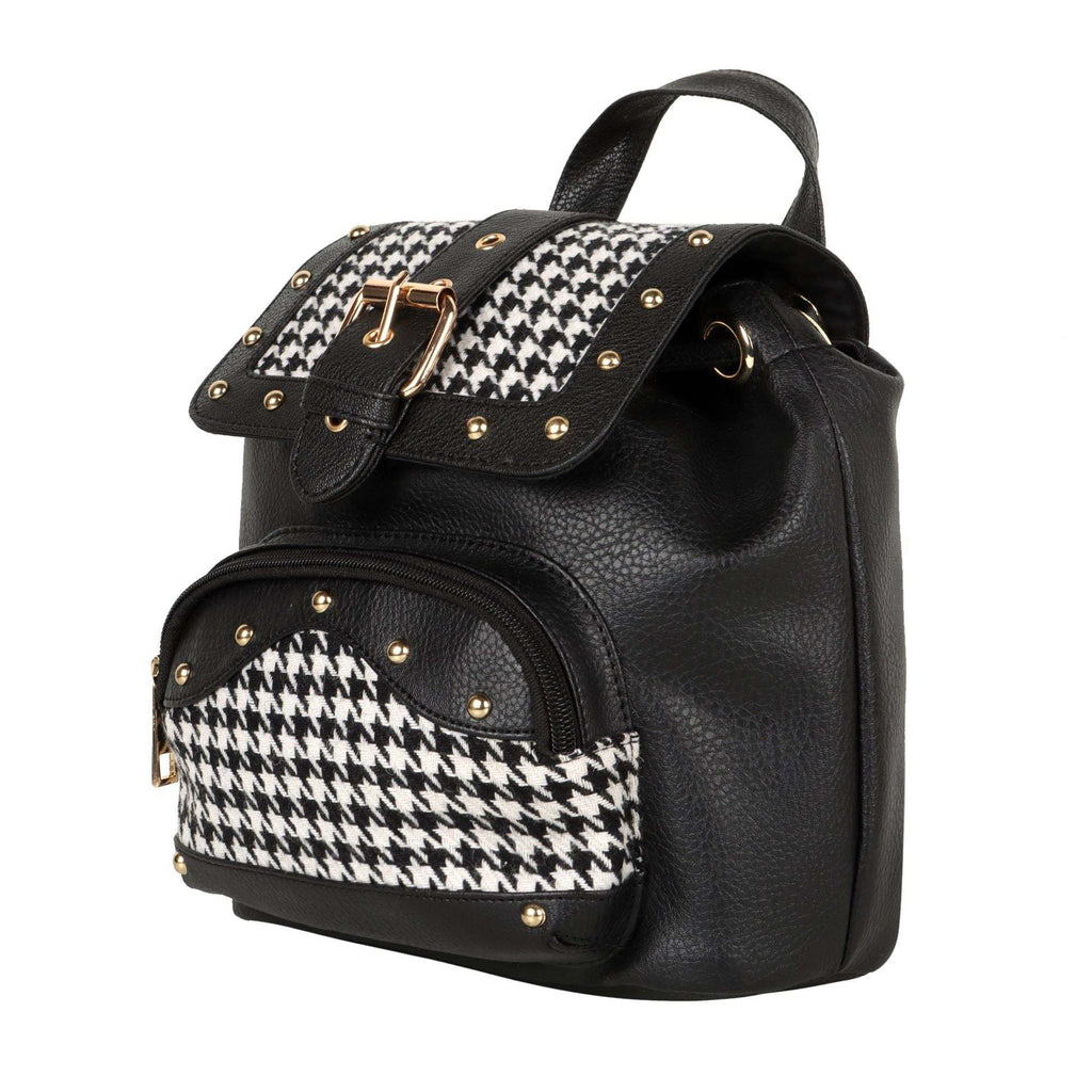Millie houndstooth print mini backpack with upcycled materials and reclaimed leather accents