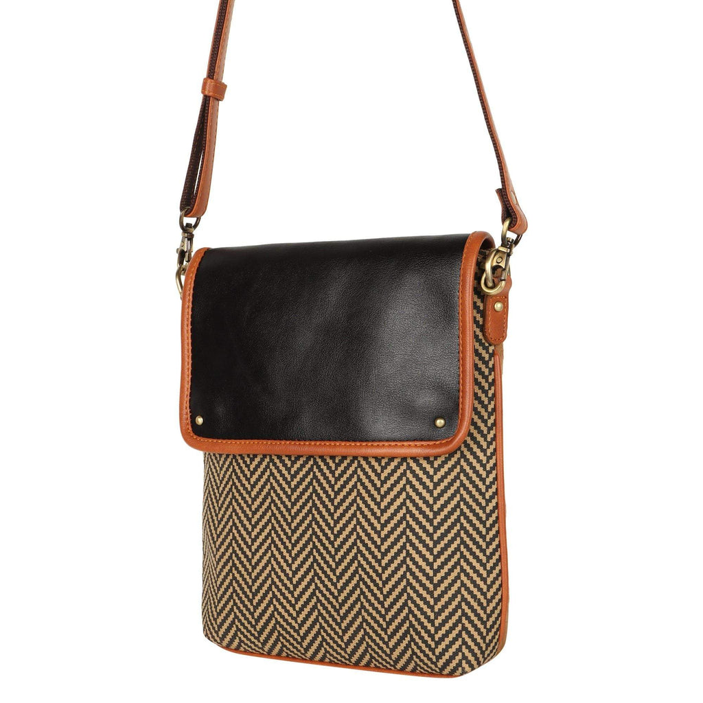 Vaan & Co Cavalier Crossbody Bag in herringbone upcycled leather with top closure and zippered pocket