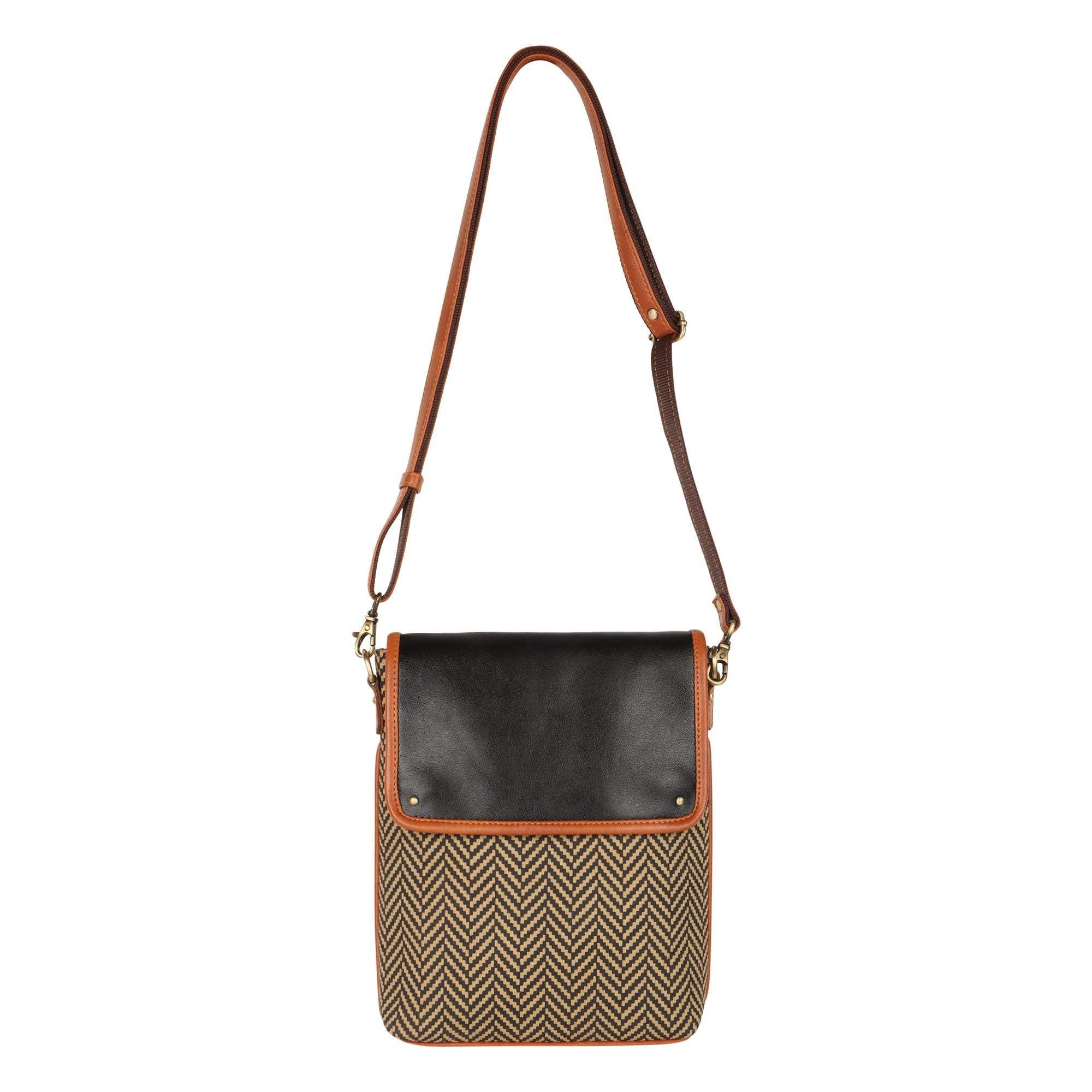 Vaan & Co Cavalier Crossbody Bag with herringbone design in upcycled leather and recycled canvas, sustainable fashion accessory