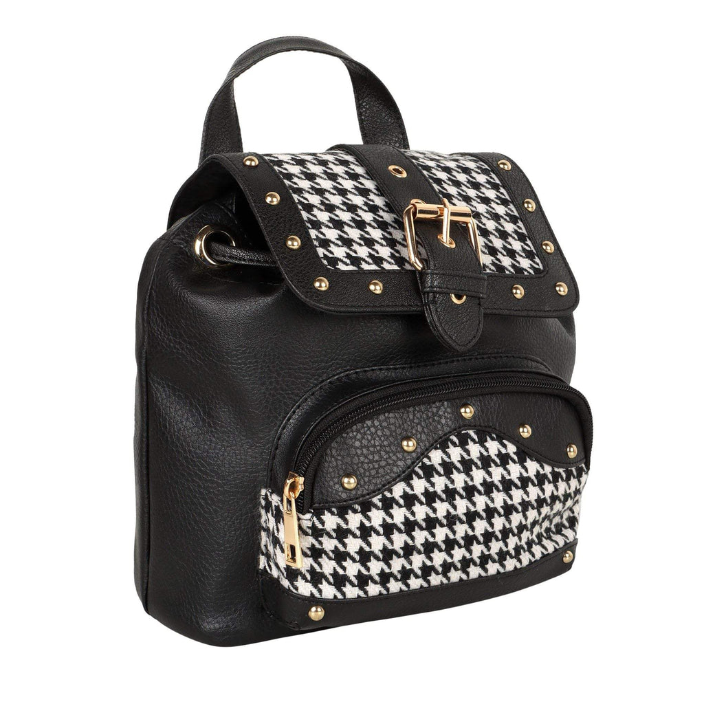 Vann & Co Millie houndstooth print mini backpack with reclaimed leather accents and sustainable design