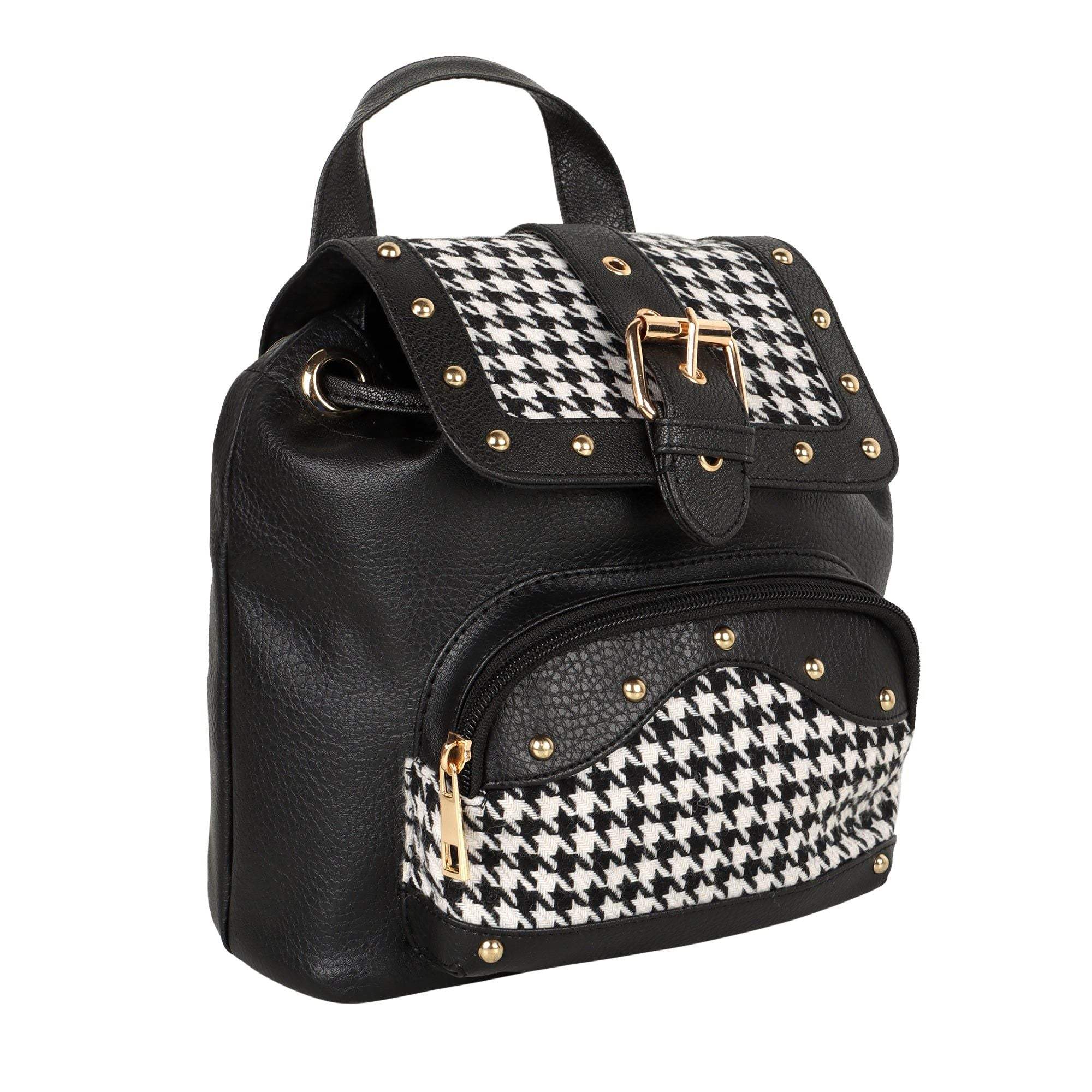 Vann & Co Millie houndstooth print mini backpack with reclaimed leather accents and sustainable design