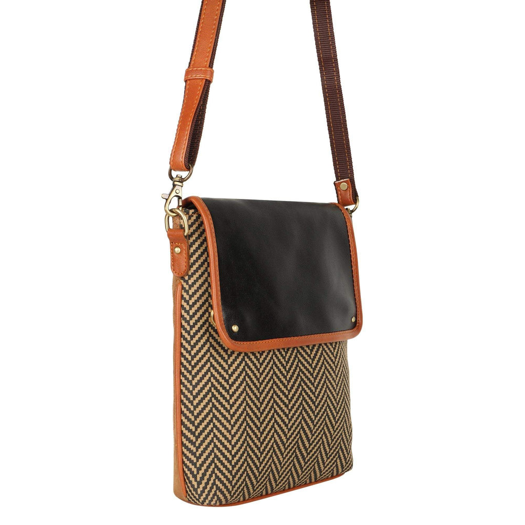 Vaan & Co Cavalier Crossbody Bag in herringbone with top closure made from upcycled leather and recycled canvas