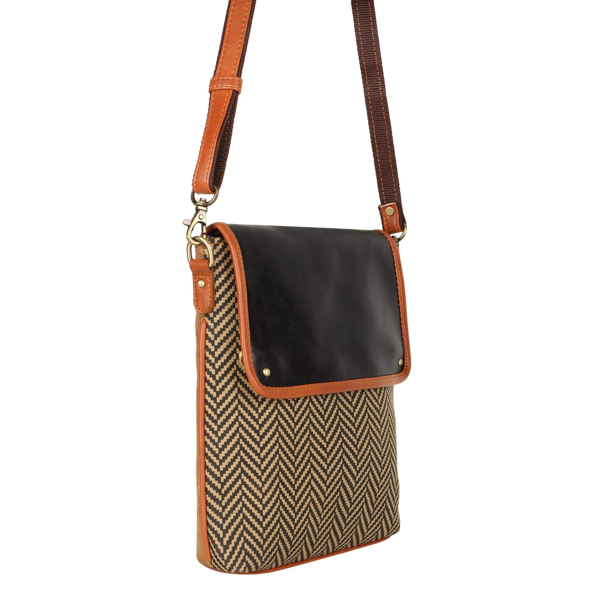 Vaan & Co Cavalier Crossbody Bag in herringbone with top closure made from upcycled leather and recycled canvas