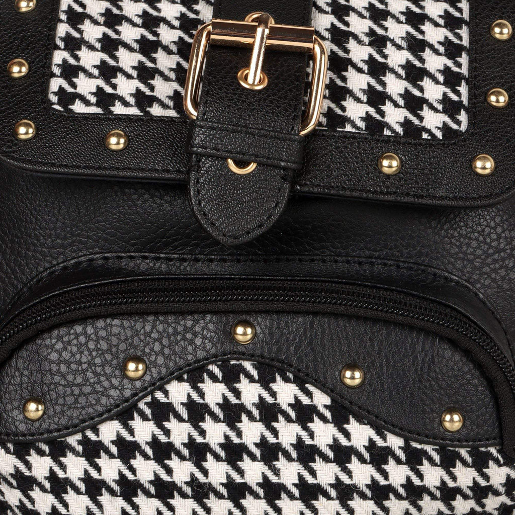 Vaan & Co Millie houndstooth print mini backpack with reclaimed leather accents and sustainable design