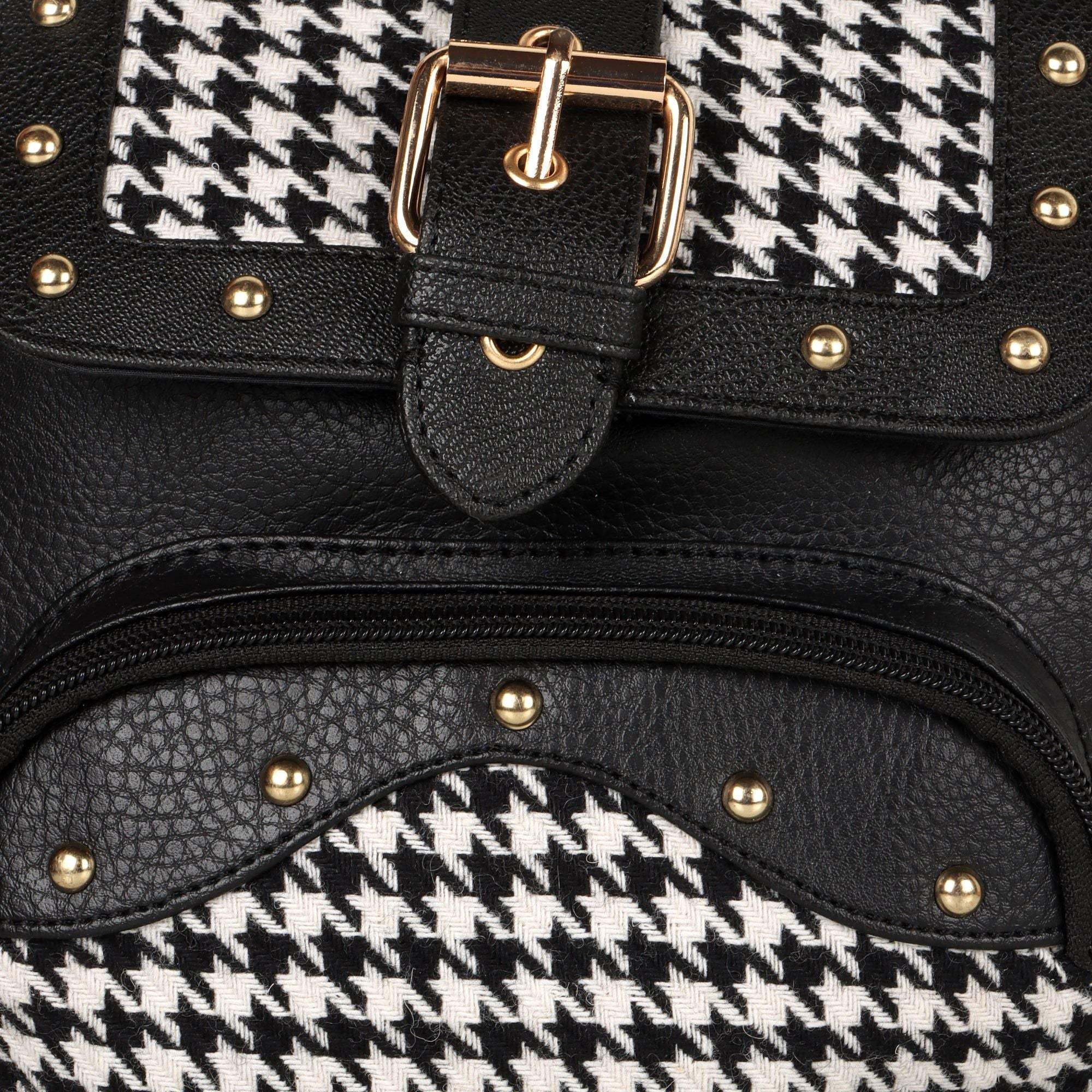 Vaan & Co Millie houndstooth print mini backpack with reclaimed leather accents and sustainable design