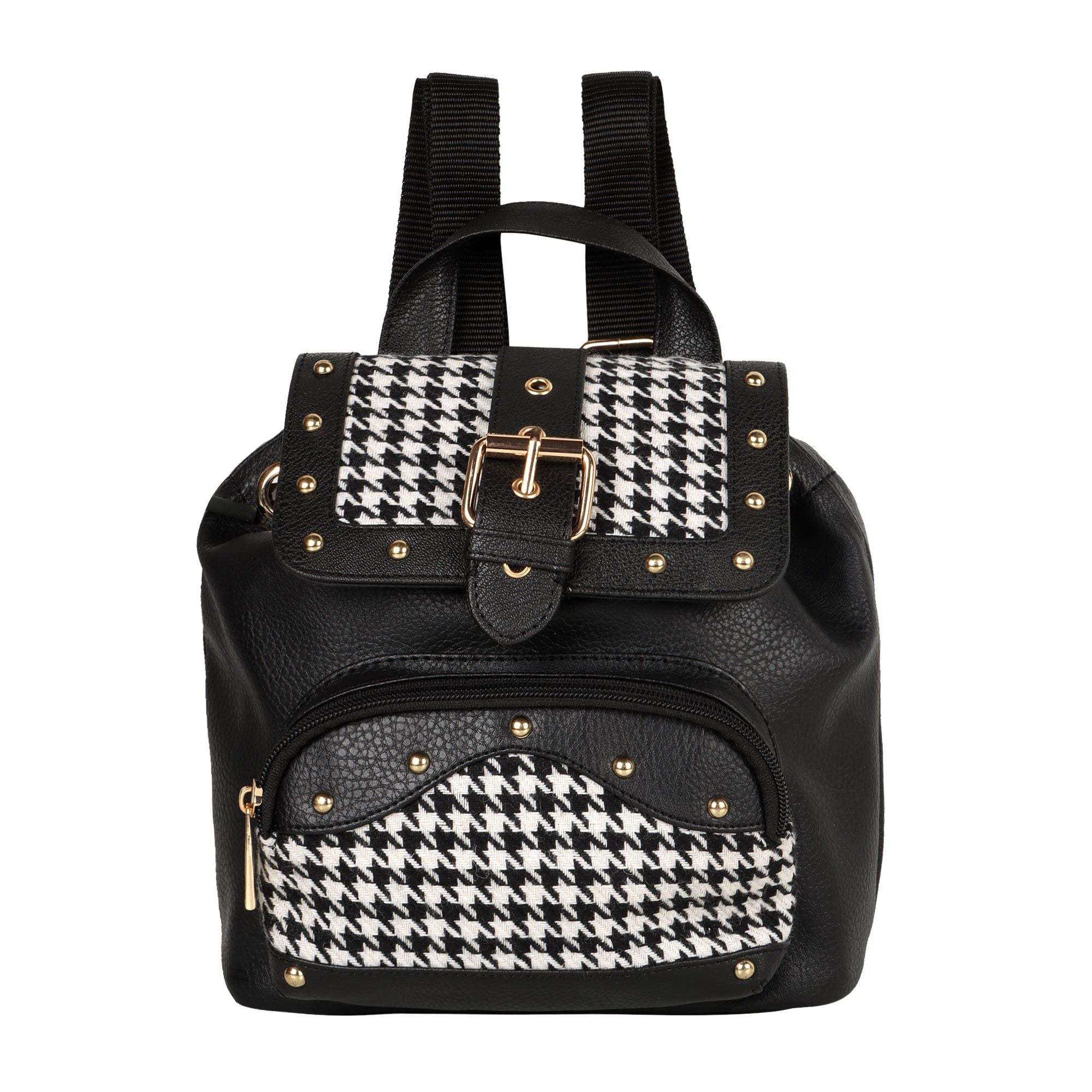Vaan & Co Millie houndstooth print mini backpack with upcycled materials and reclaimed leather accents