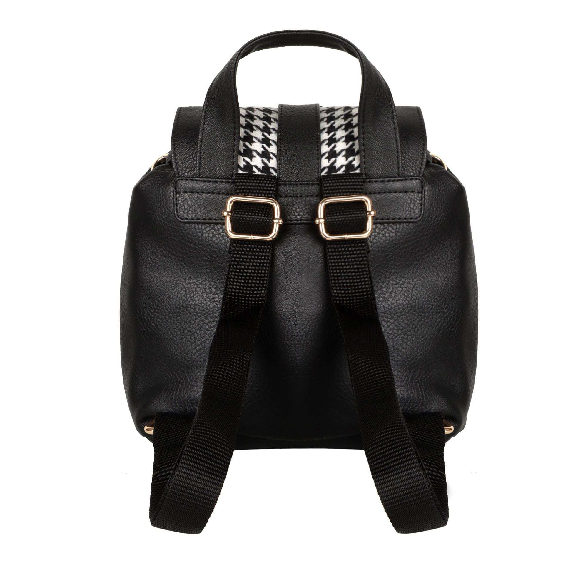 Vaan & Co Millie houndstooth print mini backpack with upcycled materials and reclaimed leather accents