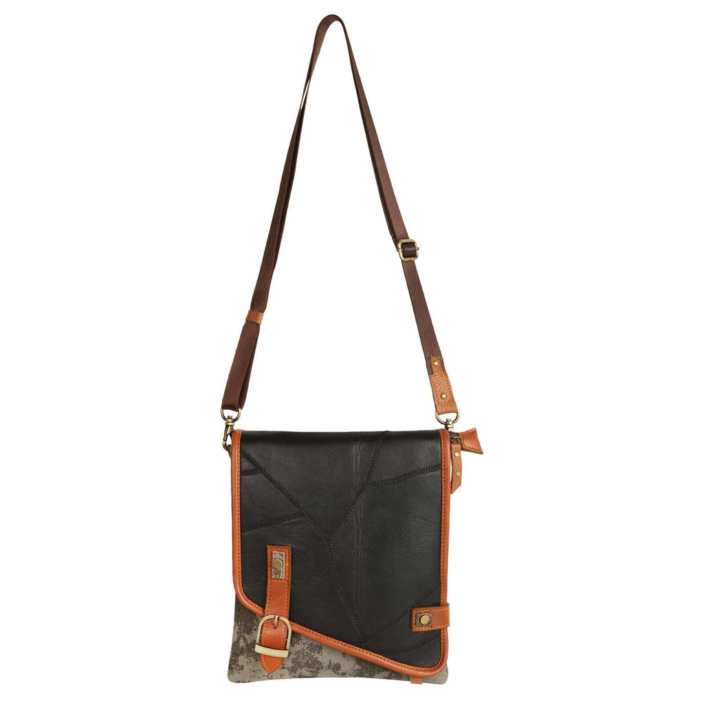 Vaan & Co Quest Crossbody Bag in carbon grey with asymmetrical flap and buckle closure made from upcycled leather and recycled canvas