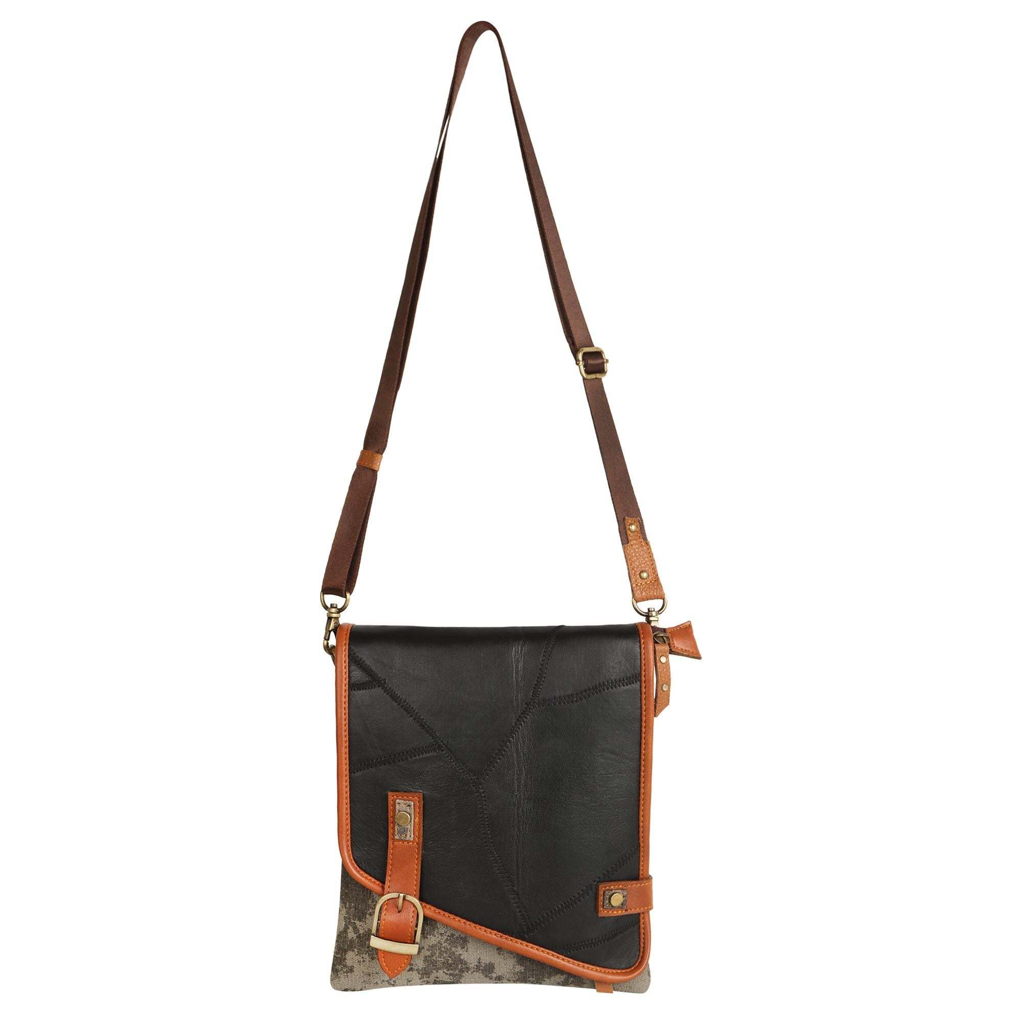 Vaan & Co Quest Crossbody Bag in carbon grey with asymmetrical flap and buckle closure made from upcycled leather and recycled canvas