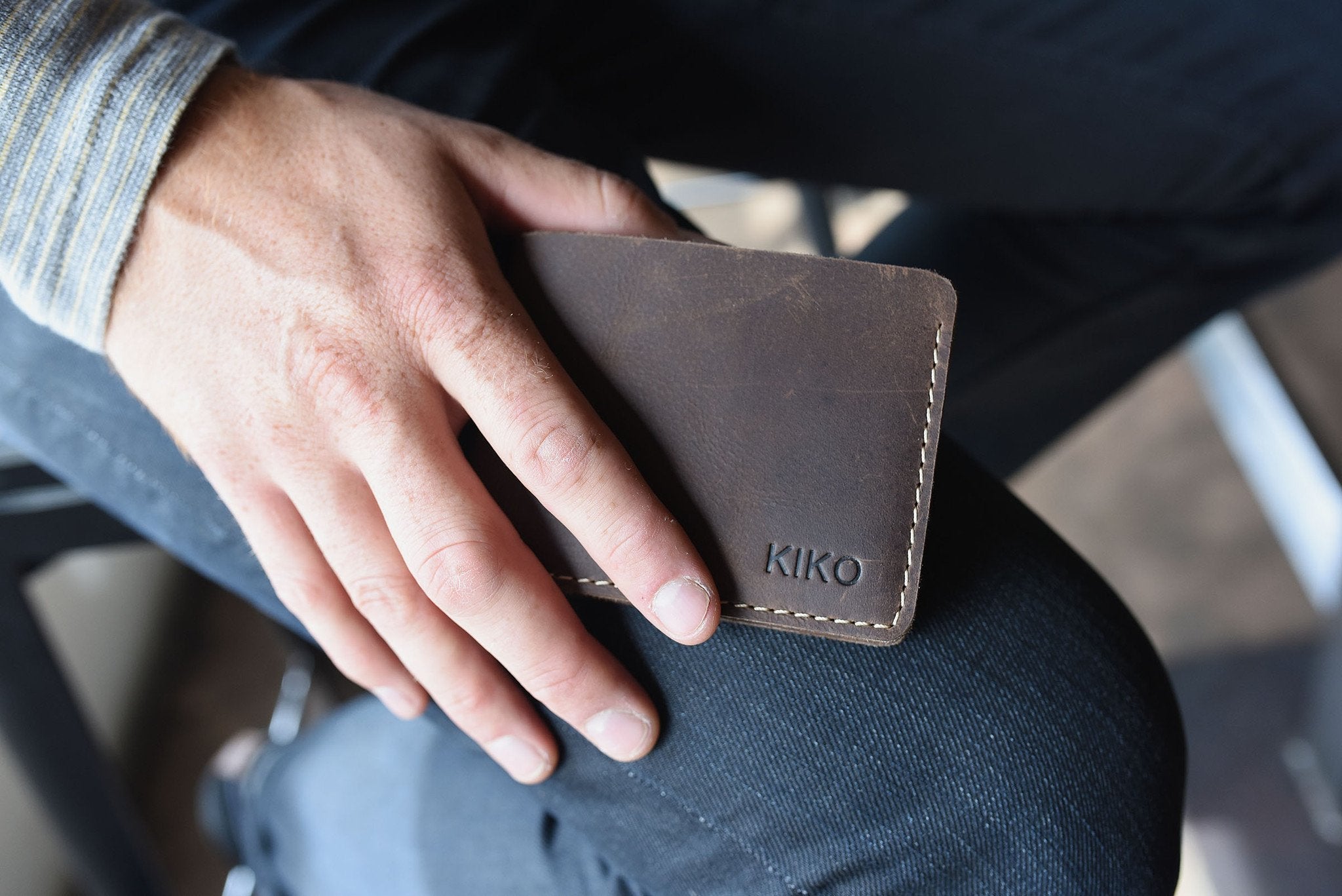 Kiko Straight Cut Bifold Wallet in dark brown distressed leather with four card slots and full-length bill compartment