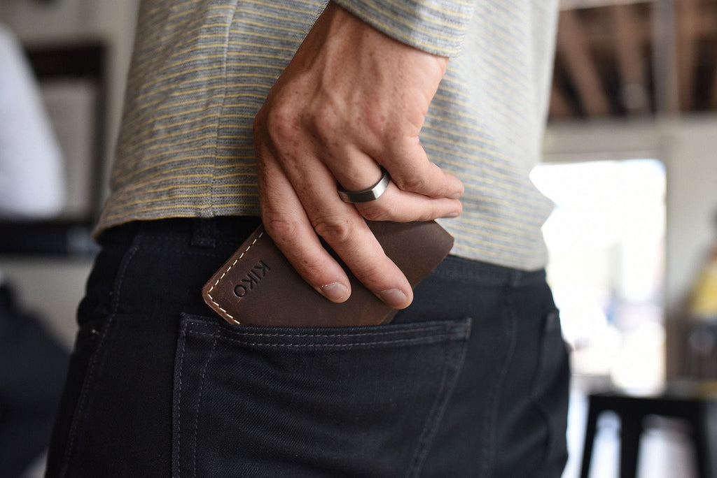Kiko Straight Cut Bifold Wallet in dark brown distressed leather with four card slots and full-length bill compartment