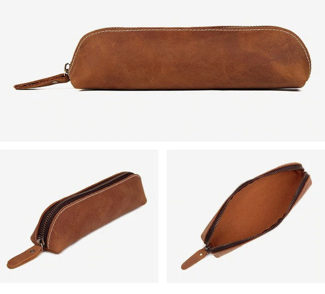 Paavo Leather Pen Case handcrafted full grain leather with brass zipper compact design