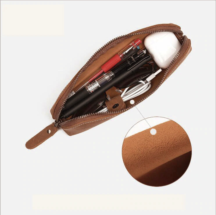 Paavo Leather Pen Case handcrafted from full grain crazy horse leather with brass YKK zipper and compact design