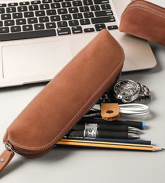 Paavo Leather Pen Case handcrafted from full grain crazy horse leather with brass YKK zipper