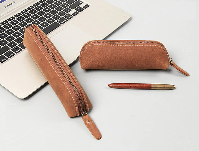 Paavo Leather Pen Case handcrafted from full grain crazy horse leather with brass YKK zipper