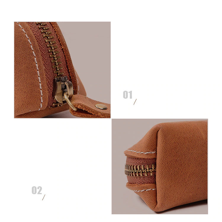 Paavo Leather Pen Case in full grain crazy horse leather with brass YKK zipper, compact and handcrafted for pens or makeup storage