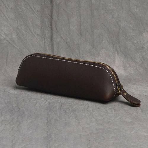 Paavo Leather Pen Case in full grain crazy horse leather with brass YKK zipper and sleek design