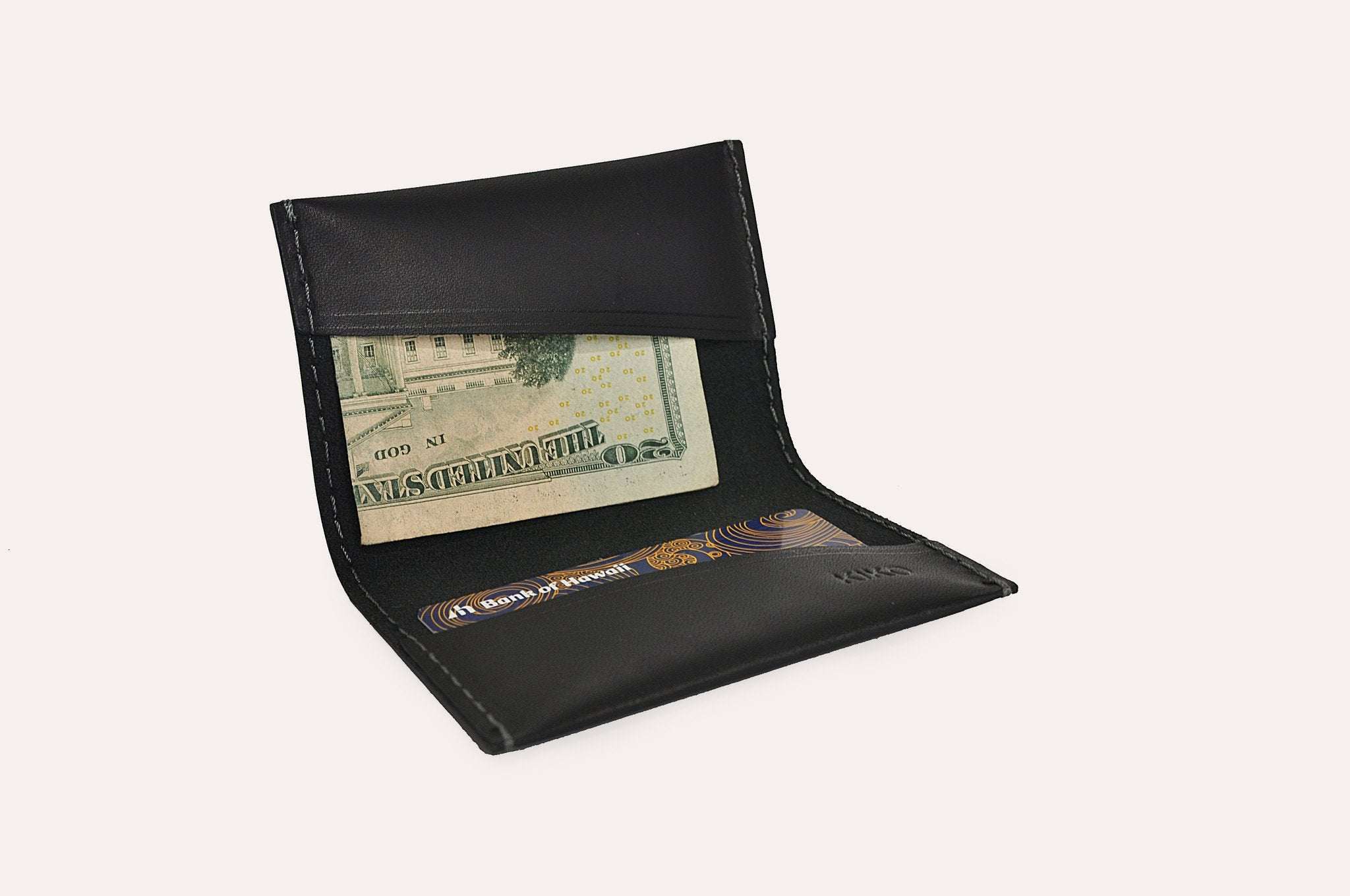 Black leather Two Fold Card Wallet with grey stitching and two card slots, minimalist design