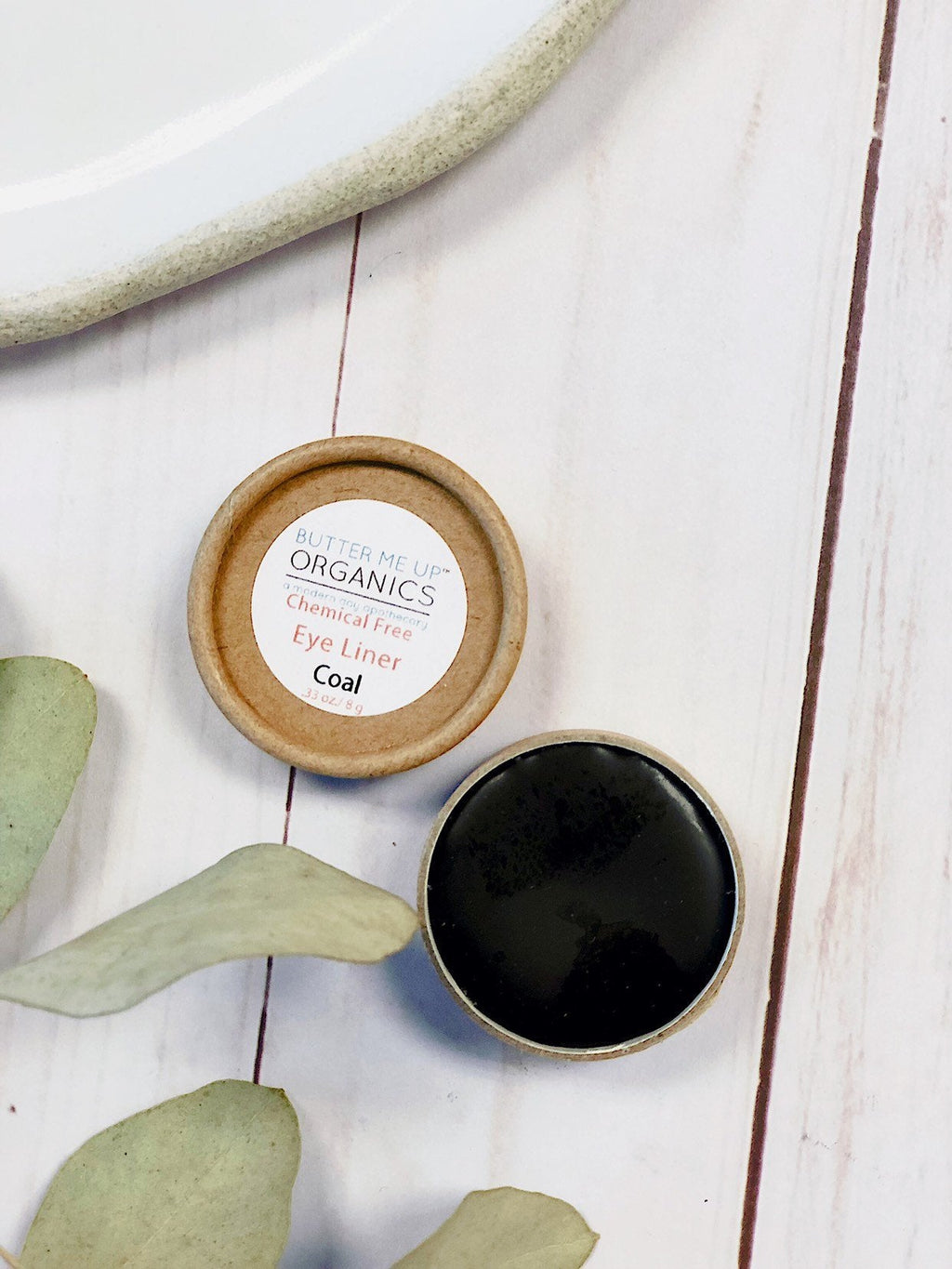 Organic eyeliner Eye Coal in paperboard jar by Butter Me Up Organics with natural oils and butters