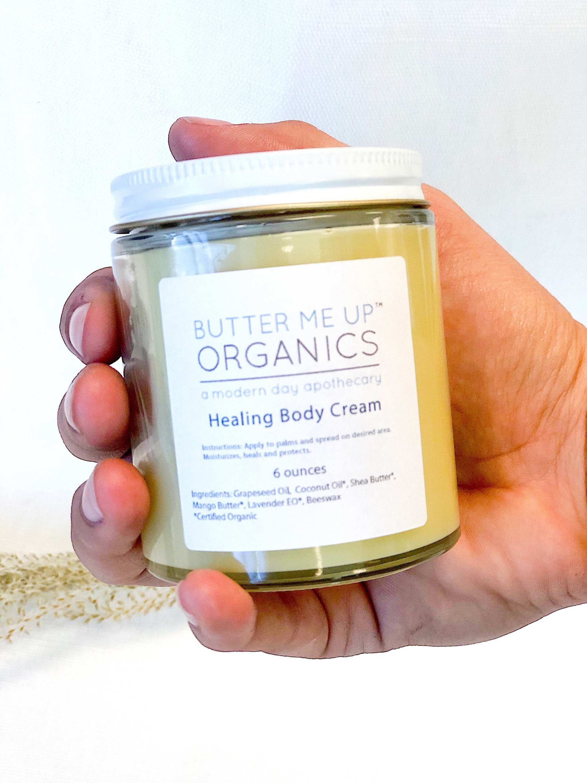 Organic Healing Body Cream in glass jar with metal lid for dry skin moisturizing and nourishing