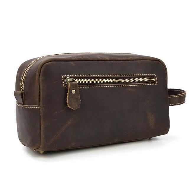 The Wanderer genuine leather toiletry bag in premium crazy horse leather with spacious pockets for travel essentials