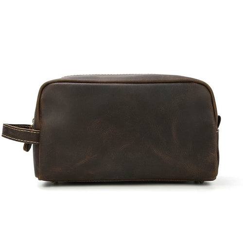 Genuine leather toiletry bag made from durable crazy horse leather with multiple pockets for travel organization