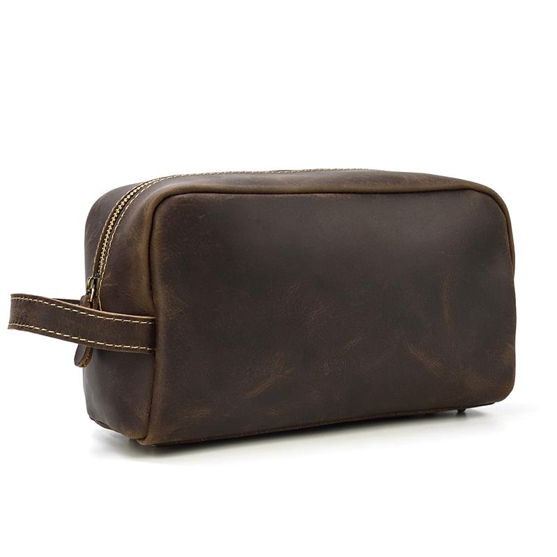 Genuine leather toiletry bag made from premium crazy horse leather with multiple pockets for travel organization