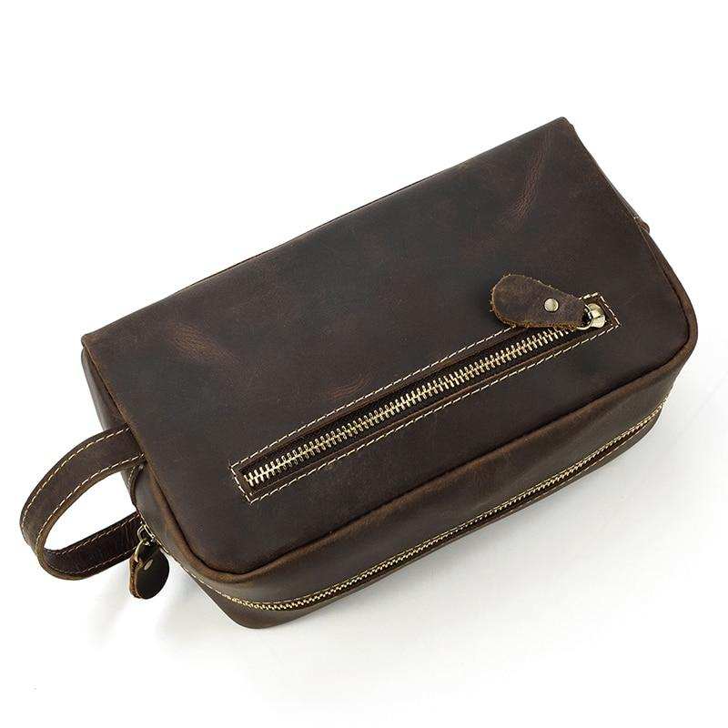 Genuine leather toiletry bag made from premium crazy horse leather with multiple pockets for organized travel essentials