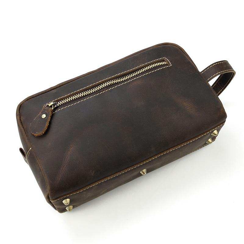 Genuine leather toiletry bag made from premium crazy horse leather with multiple pockets for travel organization