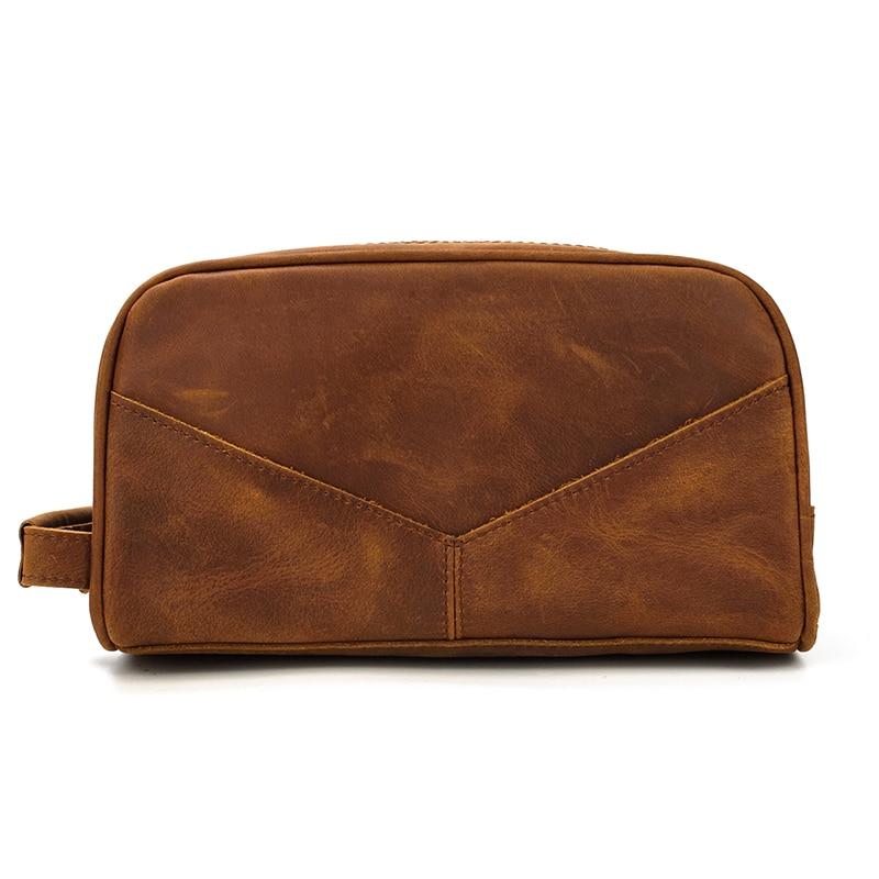 Genuine leather travel toiletry bag in brown crazy horse leather with multiple pockets for organized packing