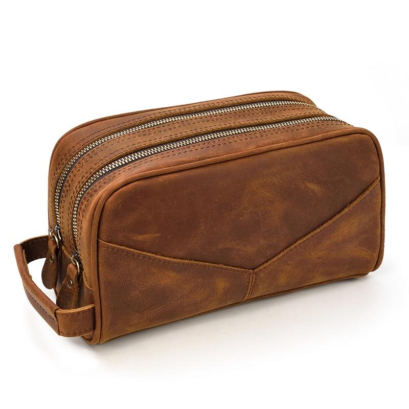 Genuine leather travel toiletry bag in crazy horse leather with multiple pockets for organized travel essentials