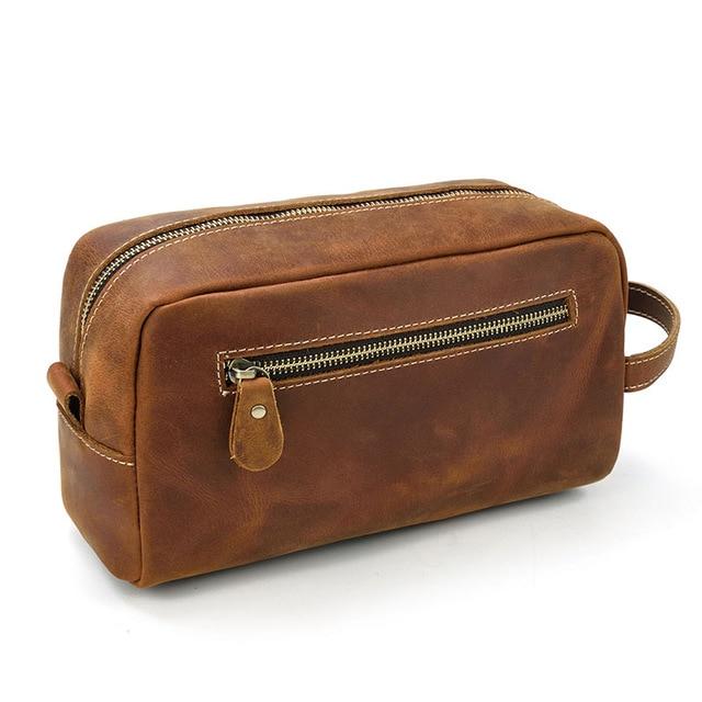 The Wanderer genuine leather toiletry bag made of durable crazy horse leather with multiple pockets for organized travel essentials