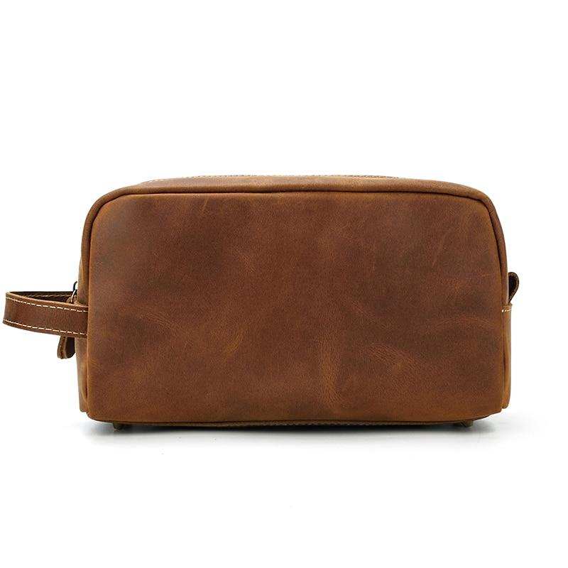 Genuine leather toiletry bag made from premium crazy horse leather with multiple pockets for travel organization