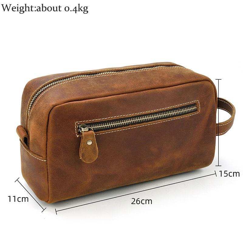 Rugged genuine leather toiletry bag with spacious pockets for travel essentials