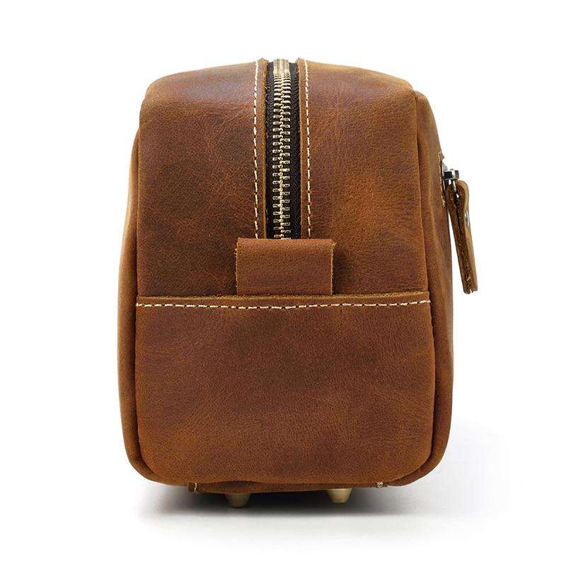 Genuine leather toiletry bag made from premium crazy horse leather with multiple pockets for travel essentials