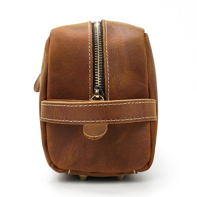 Genuine leather toiletry bag made from premium crazy horse leather with multiple pockets for travel organization