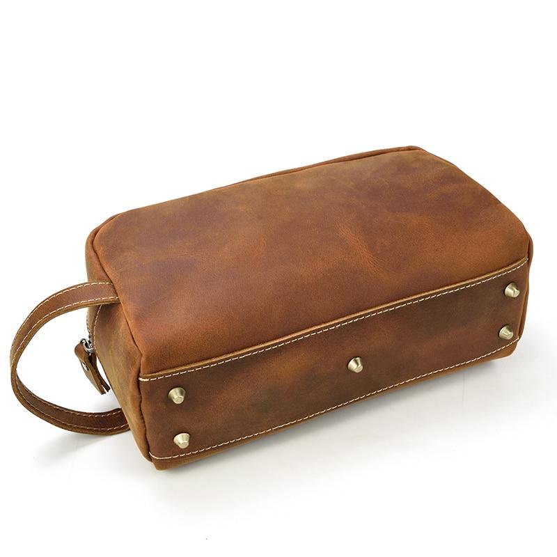 Genuine leather toiletry bag made from durable crazy horse leather with multiple pockets for travel essentials