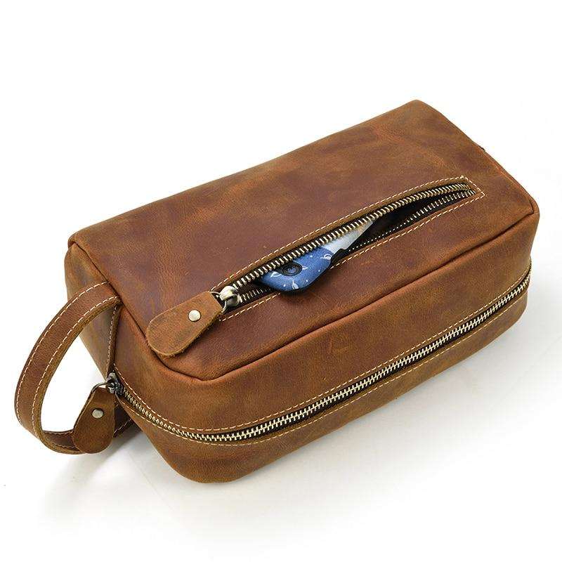 Genuine leather toiletry bag made from durable crazy horse leather with spacious pockets for travel essentials