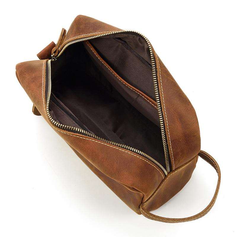 Genuine leather toiletry bag made from durable crazy horse leather with spacious pockets for travel essentials