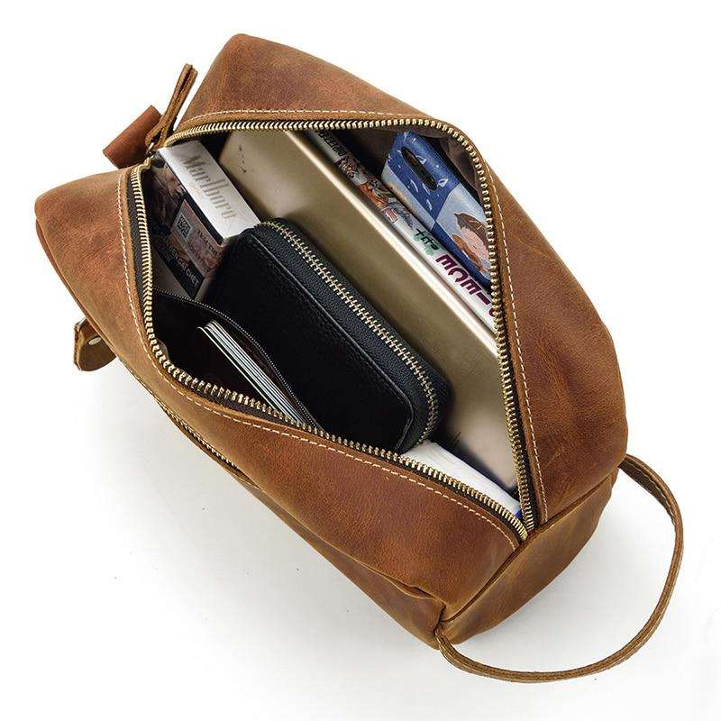 The Wanderer genuine leather toiletry bag made of premium crazy horse leather with multiple pockets for organized travel essentials