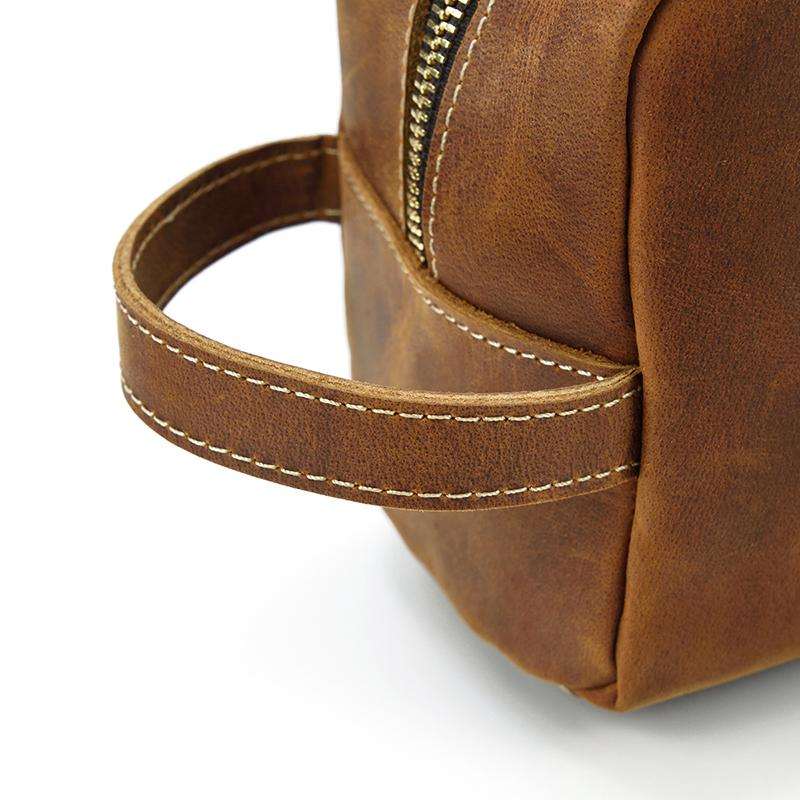 Genuine leather toiletry bag made of durable crazy horse leather with multiple pockets for travel organization