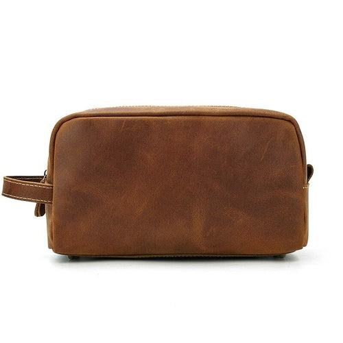 Genuine leather toiletry bag made from premium crazy horse leather with multiple pockets for travel organization