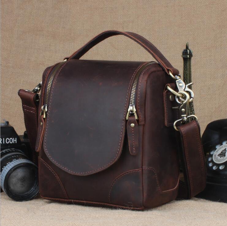 Small leather camera bag Calista handcrafted full-grain leather with adjustable strap and zippered compartments