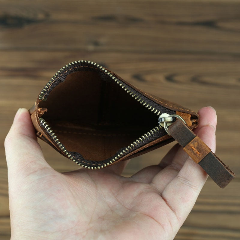 Cael Leather Coin Purse handmade from full-grain crazy horse leather with YKK zipper and key ring attachment